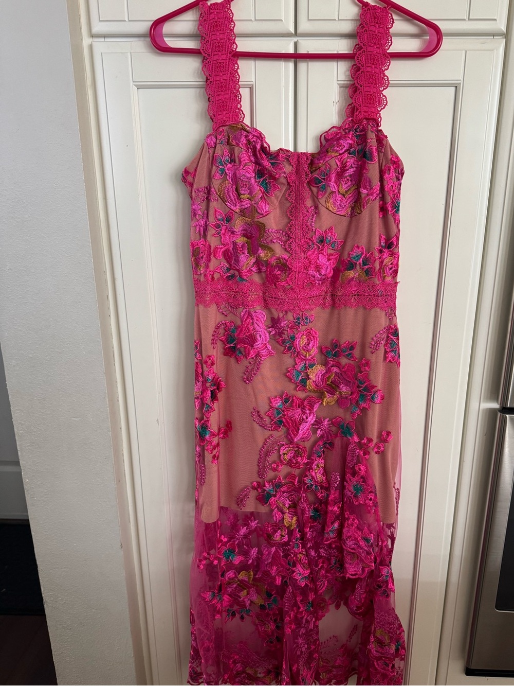 Bronx and Banco Hot Pink Floral Embroidered Slip Dress